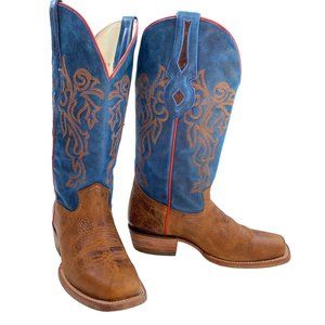J.B. Dillon SIZE 7 Mens Windmark Blue/Tan Pull-On Cowboy Boots w 4-Row Stitch